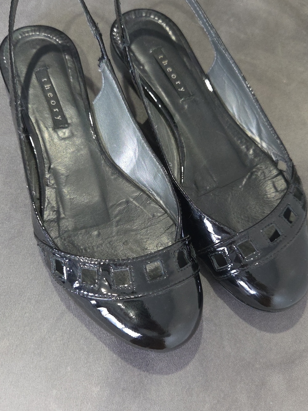 Theory Black Patent Slingback Flats with Cutout Trim